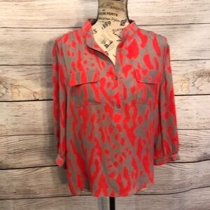 Parker Silk Blouse Ikat Coral & Gray Size XS